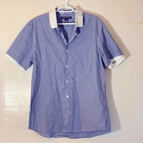 Michael Kors Slim Fit Blouse Blue White Check Collared & Fitted Sz Large - Picture 2 of 6